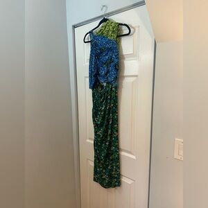 ZARA One Shoulder Mixed Floral Maxi Dress Green Blue Size Small